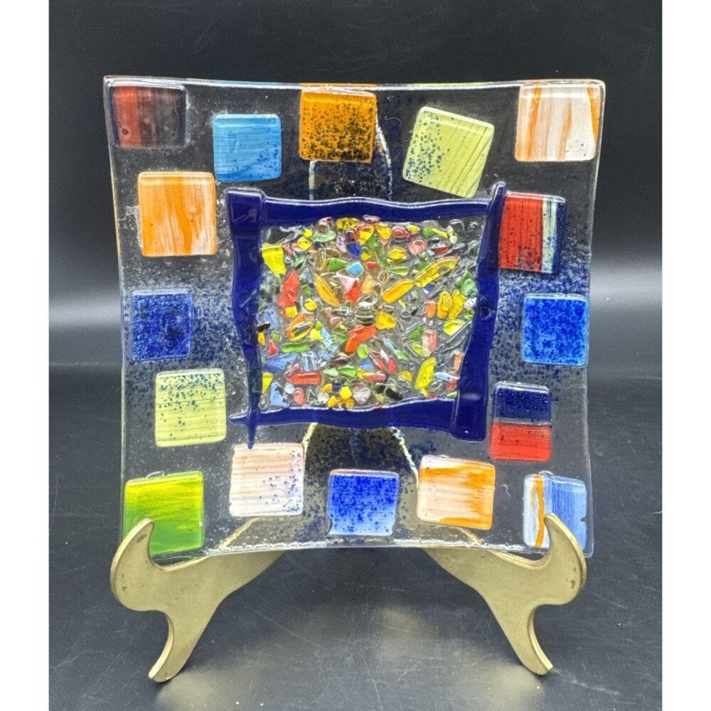Colorful Fused Textured Art Glass Square Trinket Dish Ashtray 5.5” X‎ 5.5”